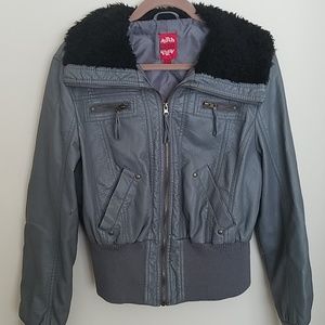 Gray faux leather bomber jacket
